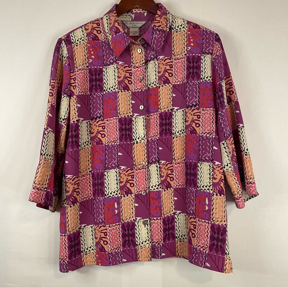 ALLISON DALEY Button Down Shirt 3/4 Sleeve Pink Purple Patchwork Size 12 Petite